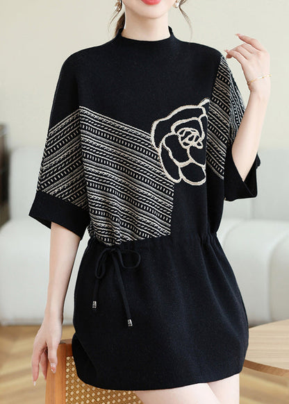 New Coffee O-neck Print Drawstring Knit Top Spring