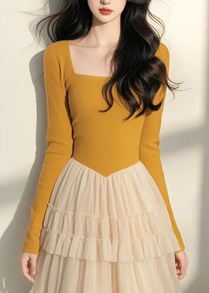 Italian Yellow Square Collar Tulle Patchwork Long Dress Spring