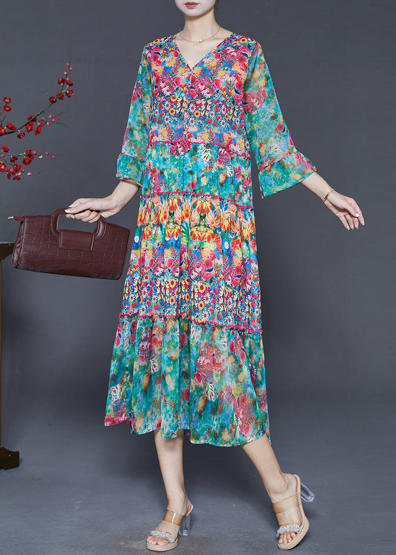 Green Print Chiffon Tea Dresses Bracelet Sleeve