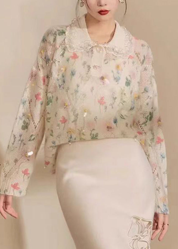Apricot Peter Pan Collar Print Hollow Out Sequins Cotton Knit Sweaters Winter