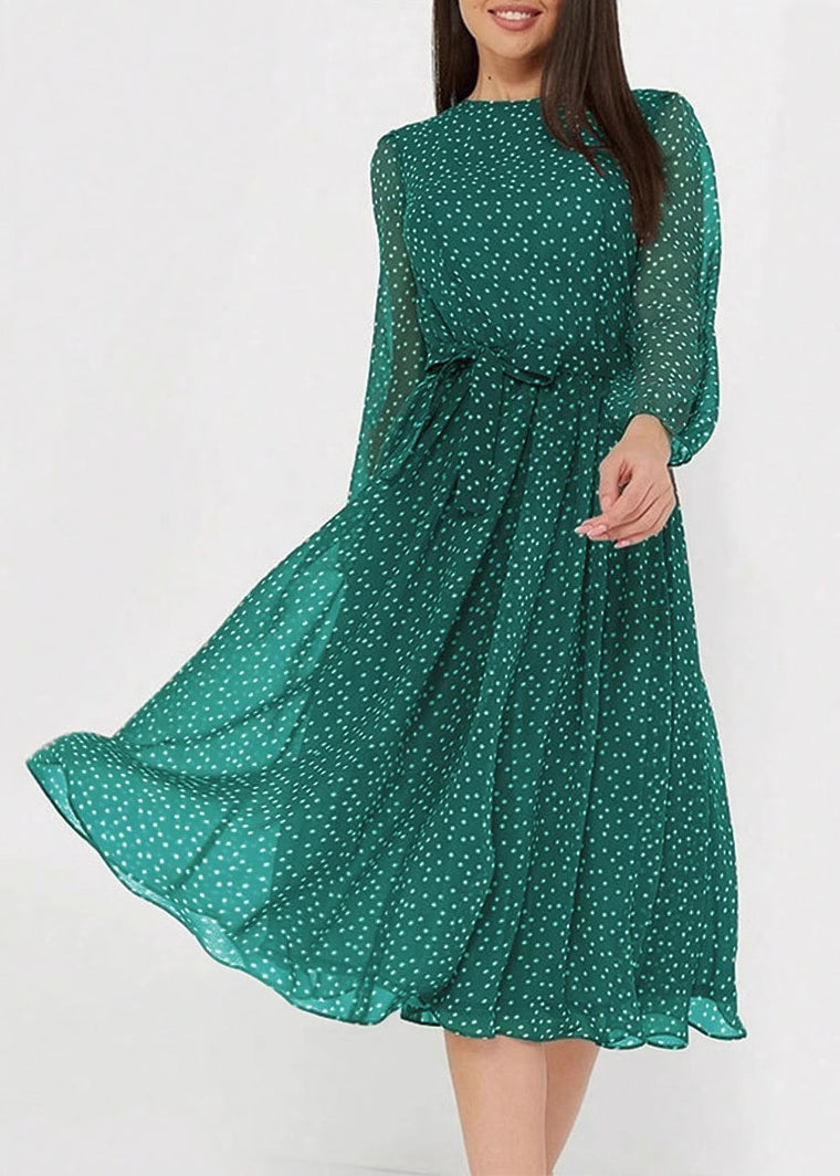 New White O Neck Dot Print Chiffon Dresses Long Sleeve