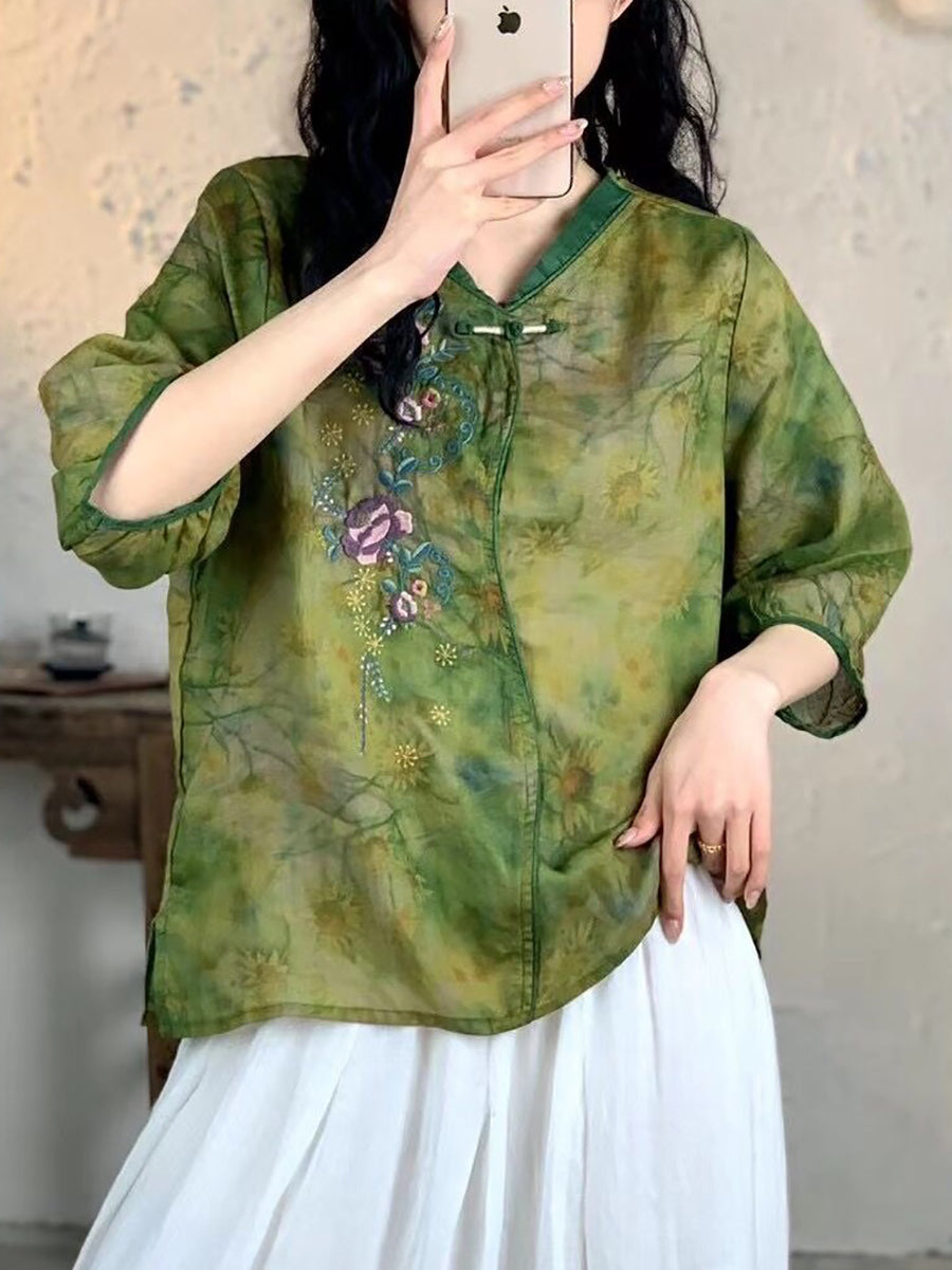 Summer Embroidery Ramie Shirt