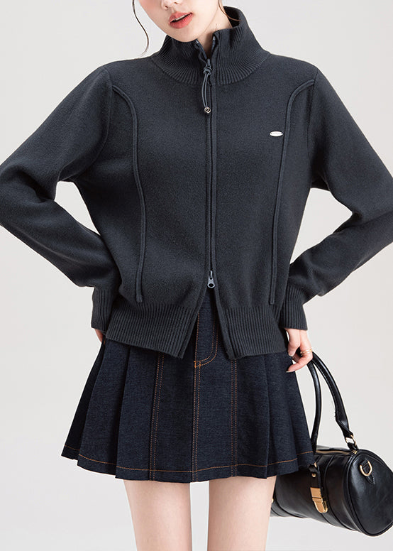 Dark Grey Zip Up High Neck Knit Sweaters Coat Fall