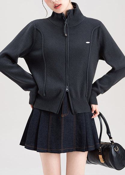 Dark Grey Zip Up High Neck Knit Sweaters Coat Fall
