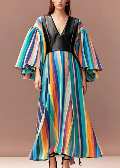 Rainbow Striped Patchwork Pu Cotton Maxi Dresses Flare Sleeve