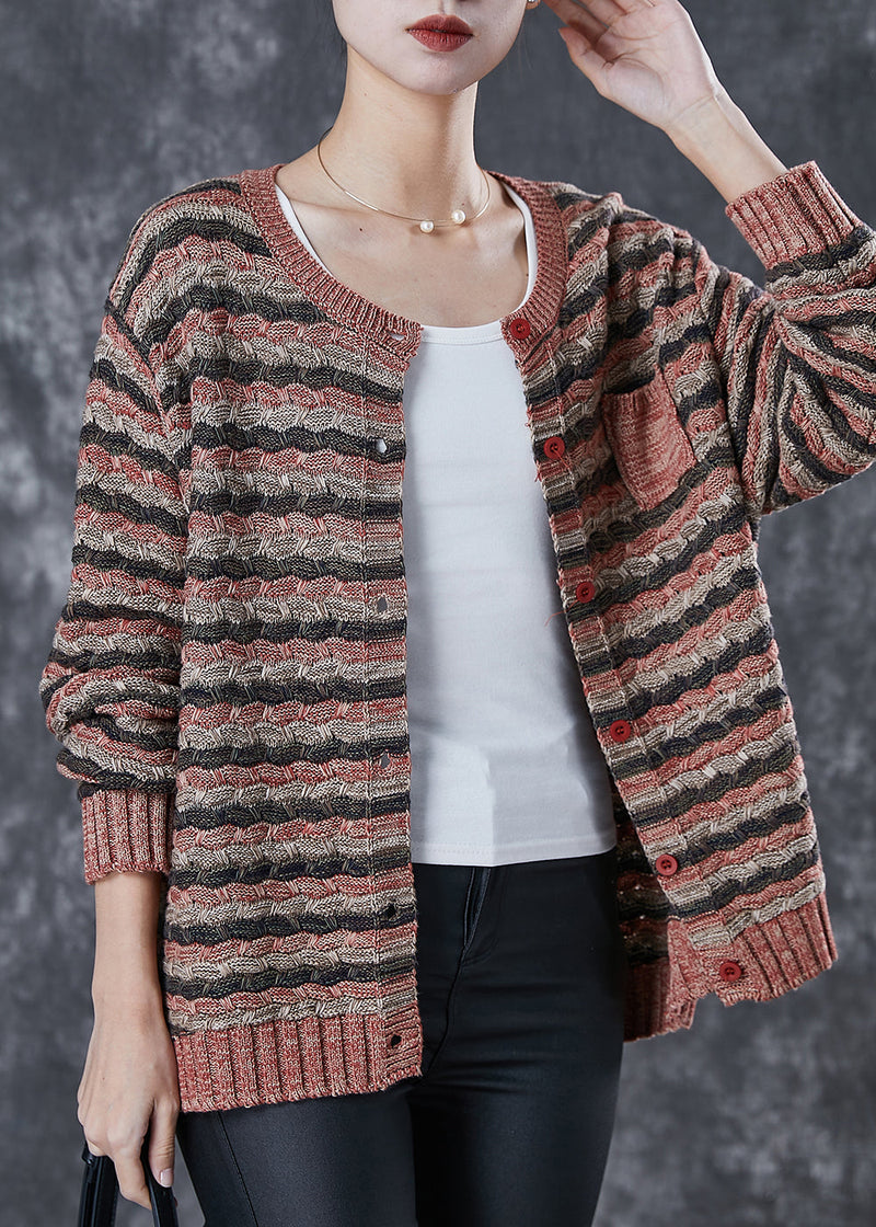 Khaki Striped Thick Knit Cardigans Spring