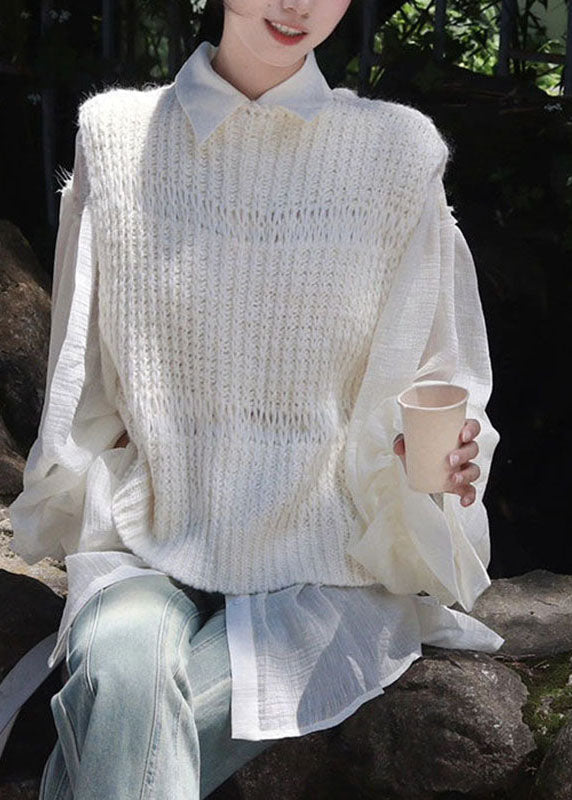 White Hollow Out Knit Cardigans and Shirts Two Pieces Set Long Sleeve