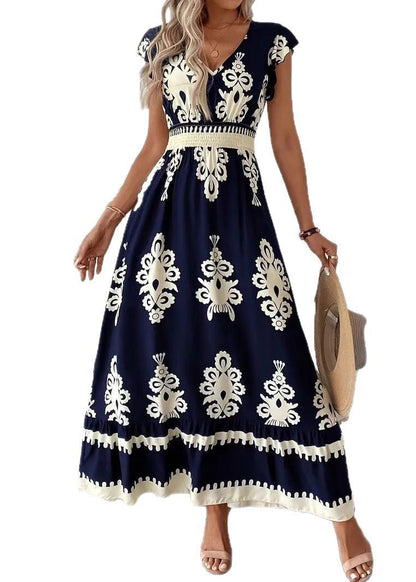 Navy V Neck Print Cotton Vacation Dress Summer