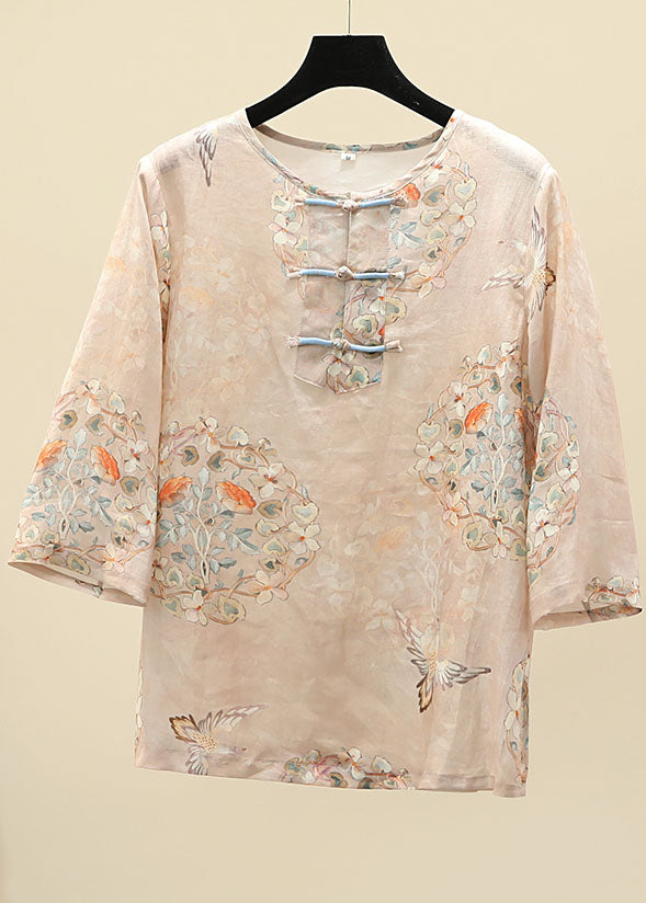 Apricot O-neck Print Oriental Button Side Open Linen Tops Half Sleeve