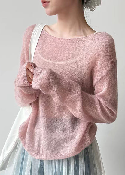 Pink O-neck Ma Hai Mao Knit Top Spring