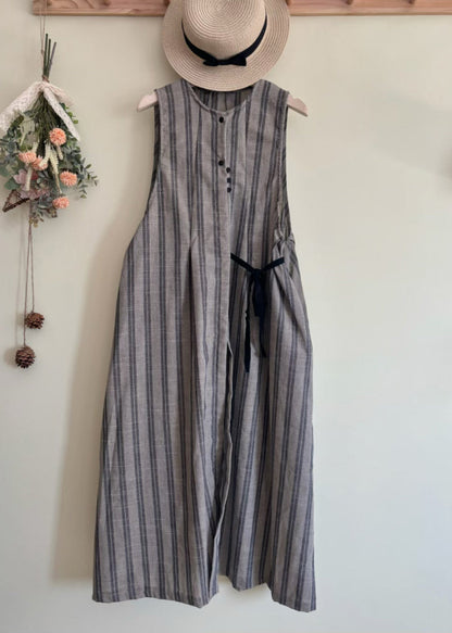 Black Striped Tie Waist Long Vest Dress Summer