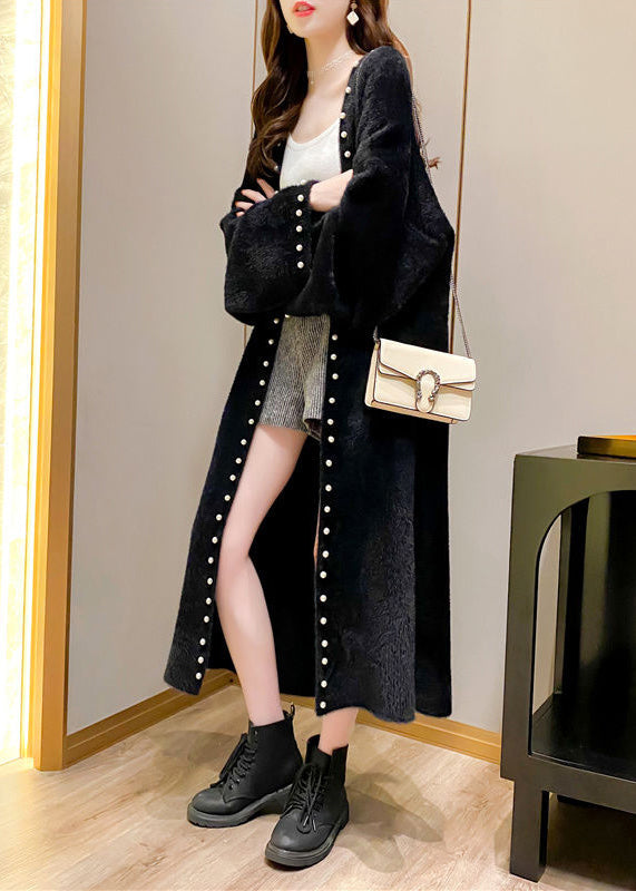 Black Pearl Cozy Knit Spring Coat V Neck