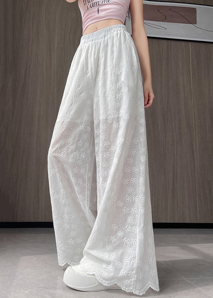 New White Hollow Out Elastic Waist Thin Cotton Wide Leg Pants Fall