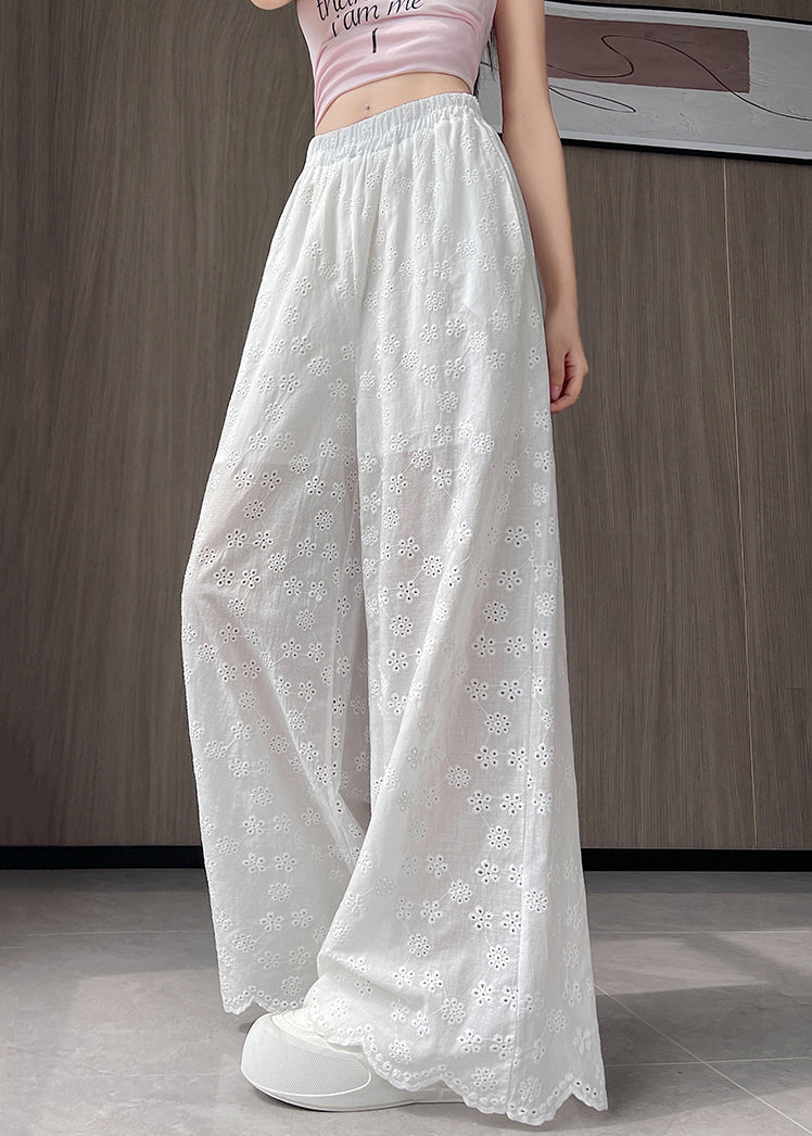 New White Hollow Out Elastic Waist Thin Cotton Wide Leg Pants Fall