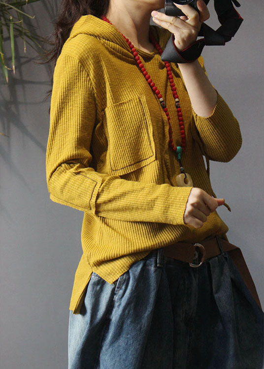 Natural Yellow Hooded Knit Fall Long Sleeve Top