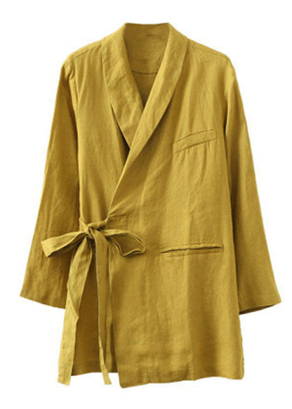 Yellow Linen Coats Notched Collar Tie Waist Long Sleeve