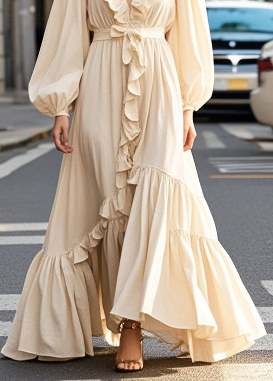 Champagne Color Ruffled Exra Large Hem Long Dress Fall