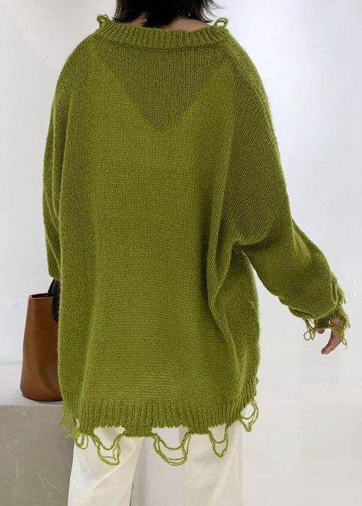 Green V Neck Ripped Ma Hai Mao Knit Sweaters Winter