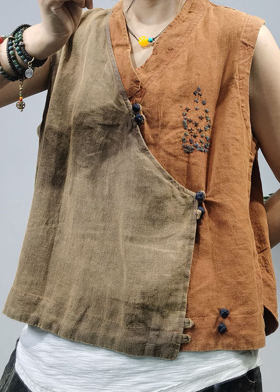 Khaki Chinese Button Patchwork Linen Vest Top Sleeveless