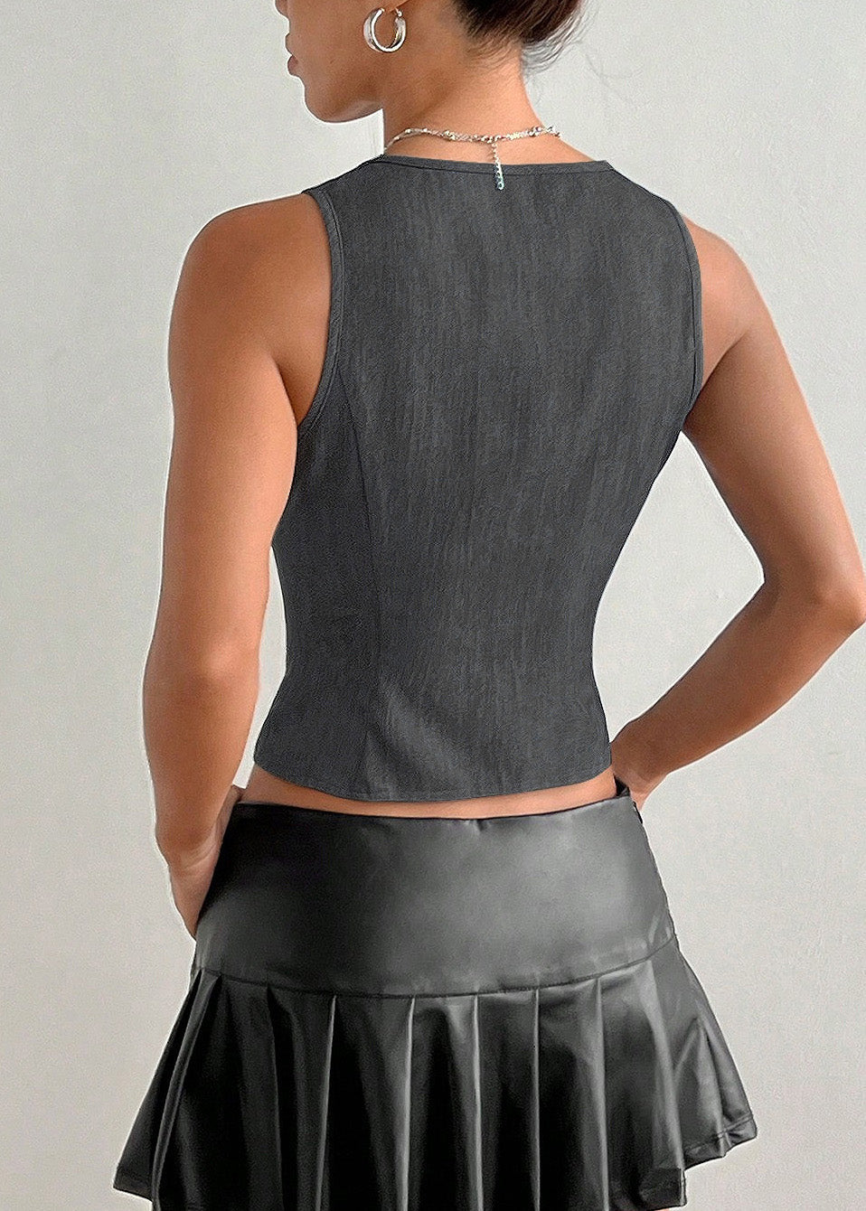 Italian Dark Grey V Neck Lace Up Cotton Top Sleeveless