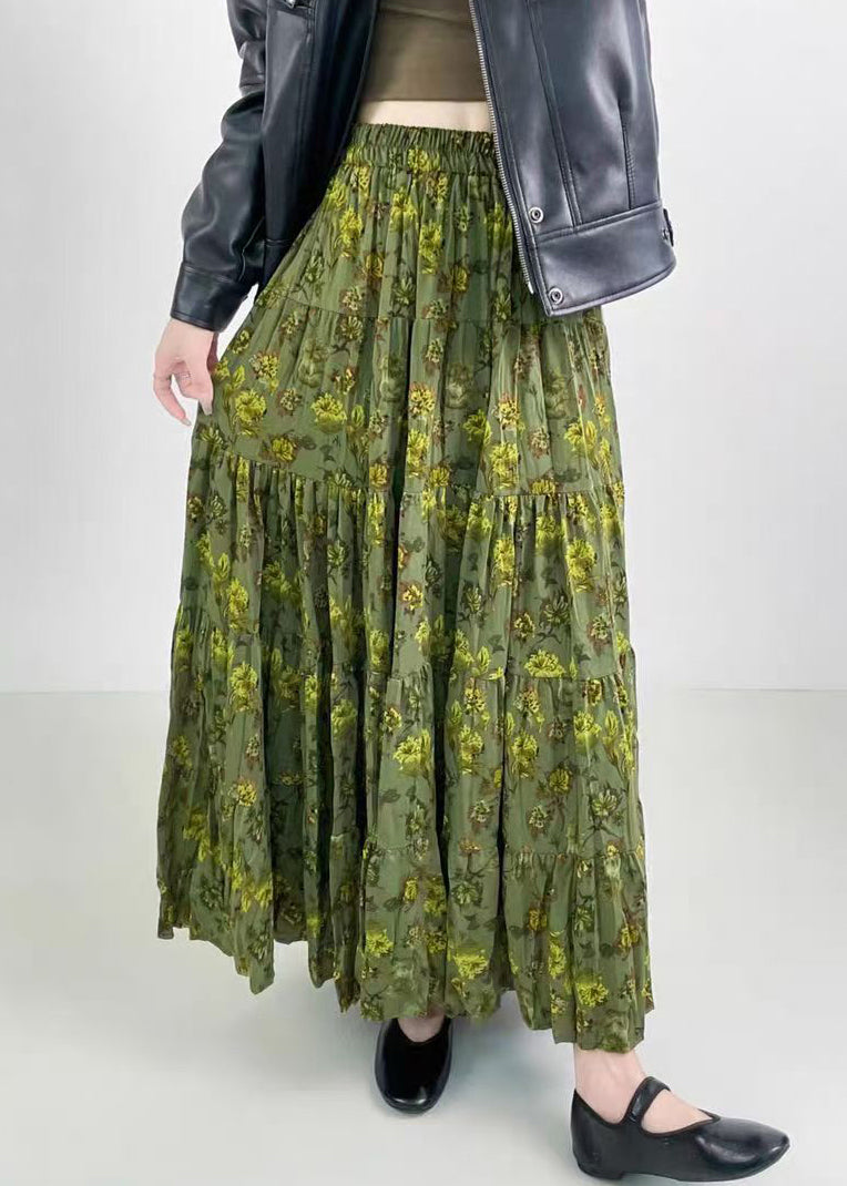 Green Print Wrinkled Elastic Waist Cotton Skirts Spring