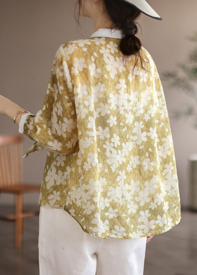 Yellow Peter Pan Collar Print Linen Shirt Long Sleeve