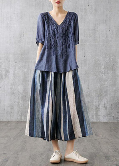 Yellow Geometry Retro Striped a Line Summer Skirts Linen