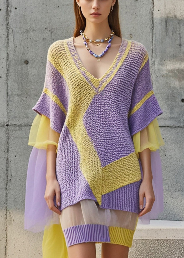 Purple V Neck Patchwork Tulle Sweater Dress Fall
