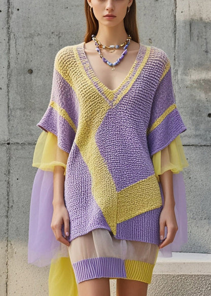 Purple V Neck Patchwork Tulle Sweater Dress Fall