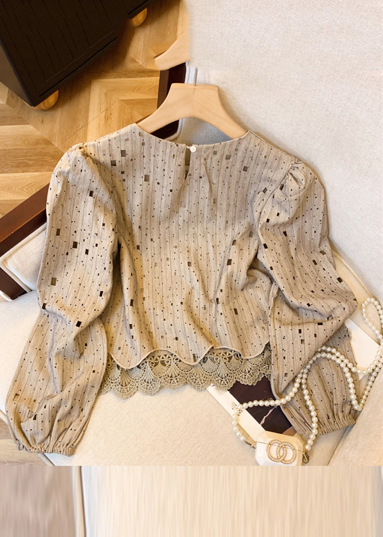 Khaki Patchwork Hole Hollow Out Shirts Fall