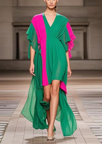 Green Asymmetrical Patchwork Chiffon Ankle Dress Summer