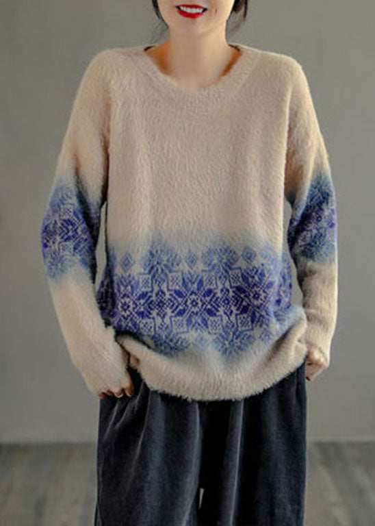 Milk Tea Color O-neck Print Thick Mink Hair Knitted Tops Long Sleeve