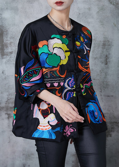 Black Embroidered Chinese Button Silk Coats Fall