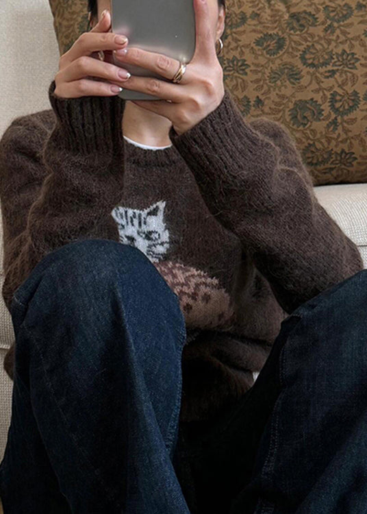 Coffee O Neck Cats Jacquard Knit Sweater Winter