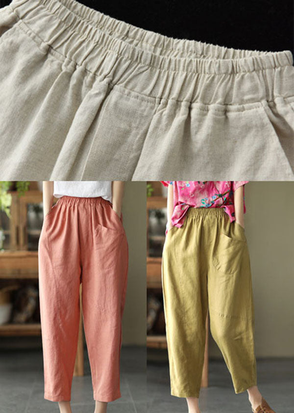 Mustard Yellow Elastic Waist Pockets Linen Harem Pants Summer