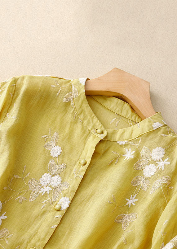 Yellow Stand Collar Embroideried Patchwork Cotton Shirts Bracelet Sleeve