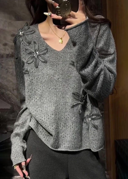 Natural Grey V Neck Cozy Cotton Knit Sweater Fall