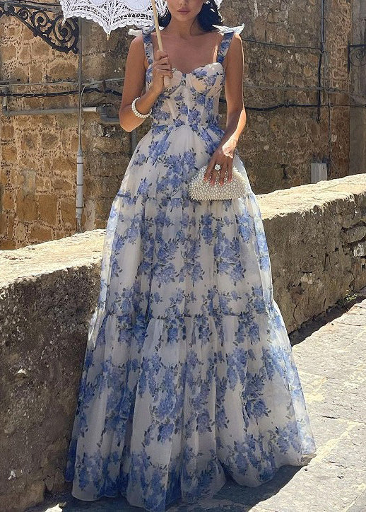 Blue Cold Shoulder Print Patchwork Organza Maxi Dresses Summer