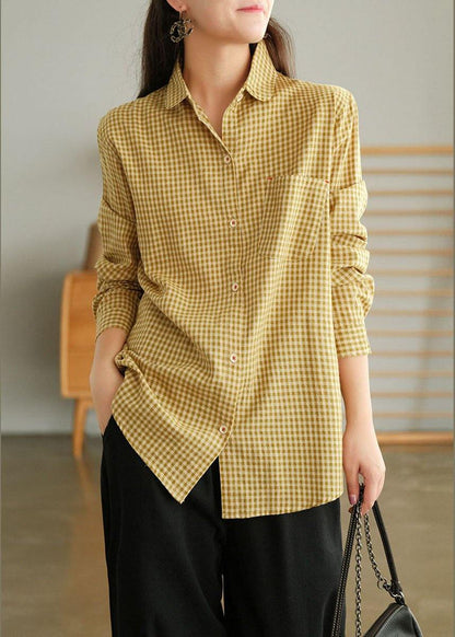 Yellow Plaid Retro Pockets Fall Long Sleeve Blouse Top