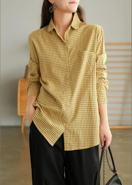 Yellow Plaid Retro Pockets Fall Long Sleeve Blouse Top