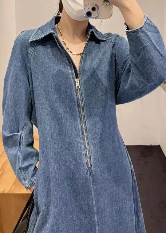 French Blue Zip Up Pockets Denim Dresses Spring
