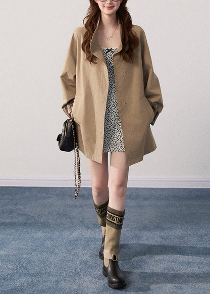 Art Khaki Stand Collar Oversized Cotton Trench Coats Fall