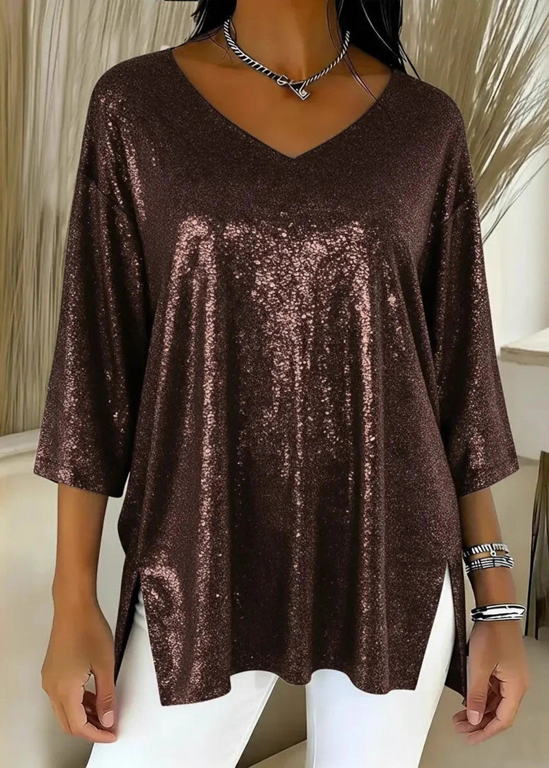French Blue V Neck Side Open Polyester Blouse Tops Spring