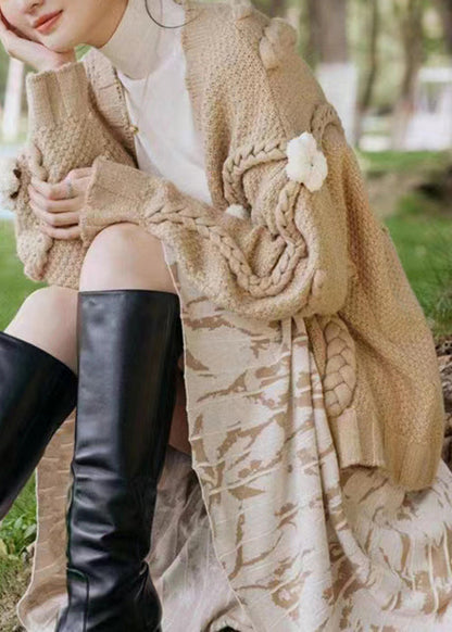 Khaki V Neck Patchwork Cable Knit Cardigan Fall