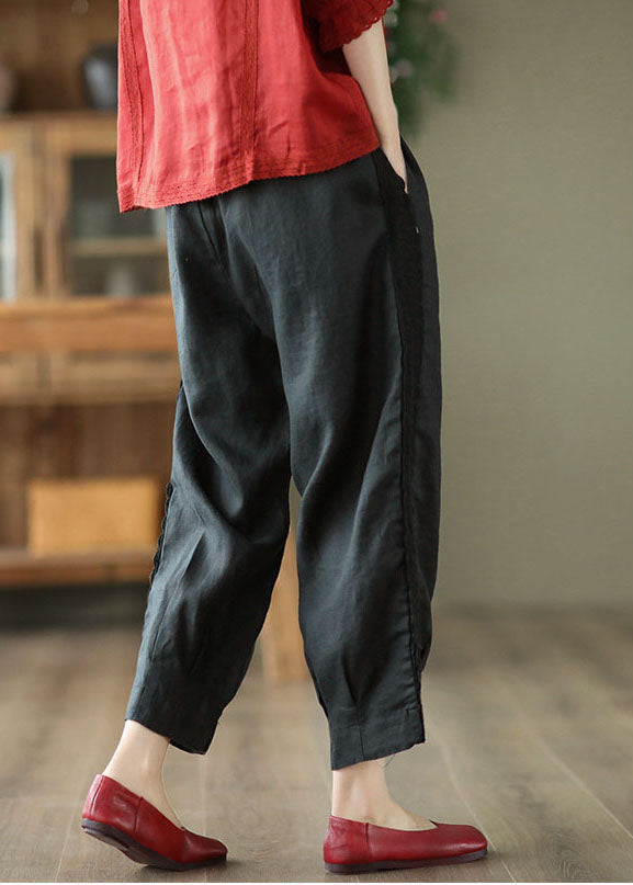 Black Elastic Waist Patchwork Lace Linen Harem Pants Spring