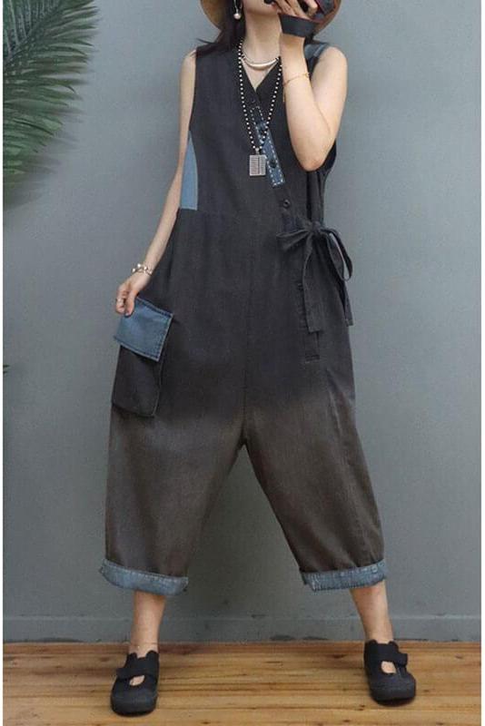 Denim Color Patchwork Patchwork Cinched Sleeveless Jumpsuits Dungarees