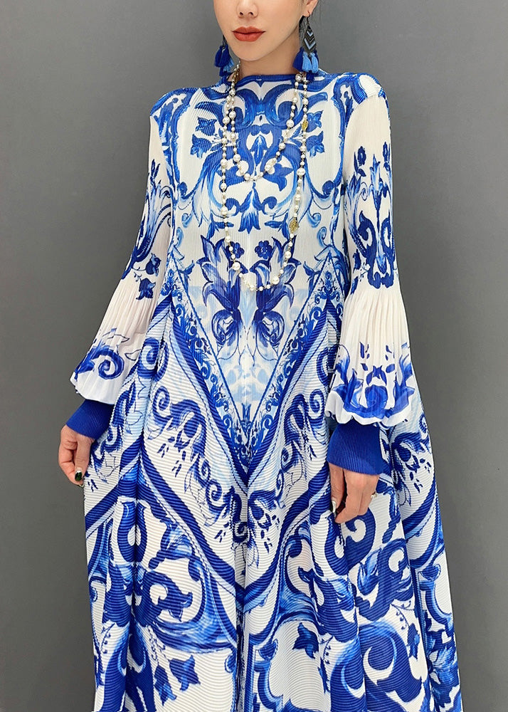 Summer New Blue and White Porcelain Print Chiffon Pleated Long Dress