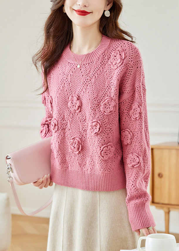 Pink Hollow Out Knit Sweaters Fall