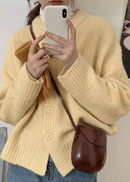Italian Yellow O Neck Button Cotton Knit Coat Fall