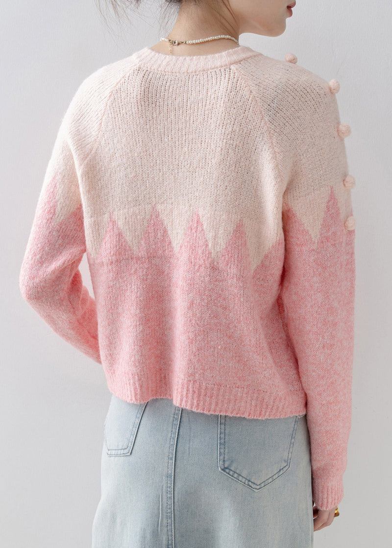 Pink O Neck Fuzzy Ball Decorated Knit Cardigans Spring